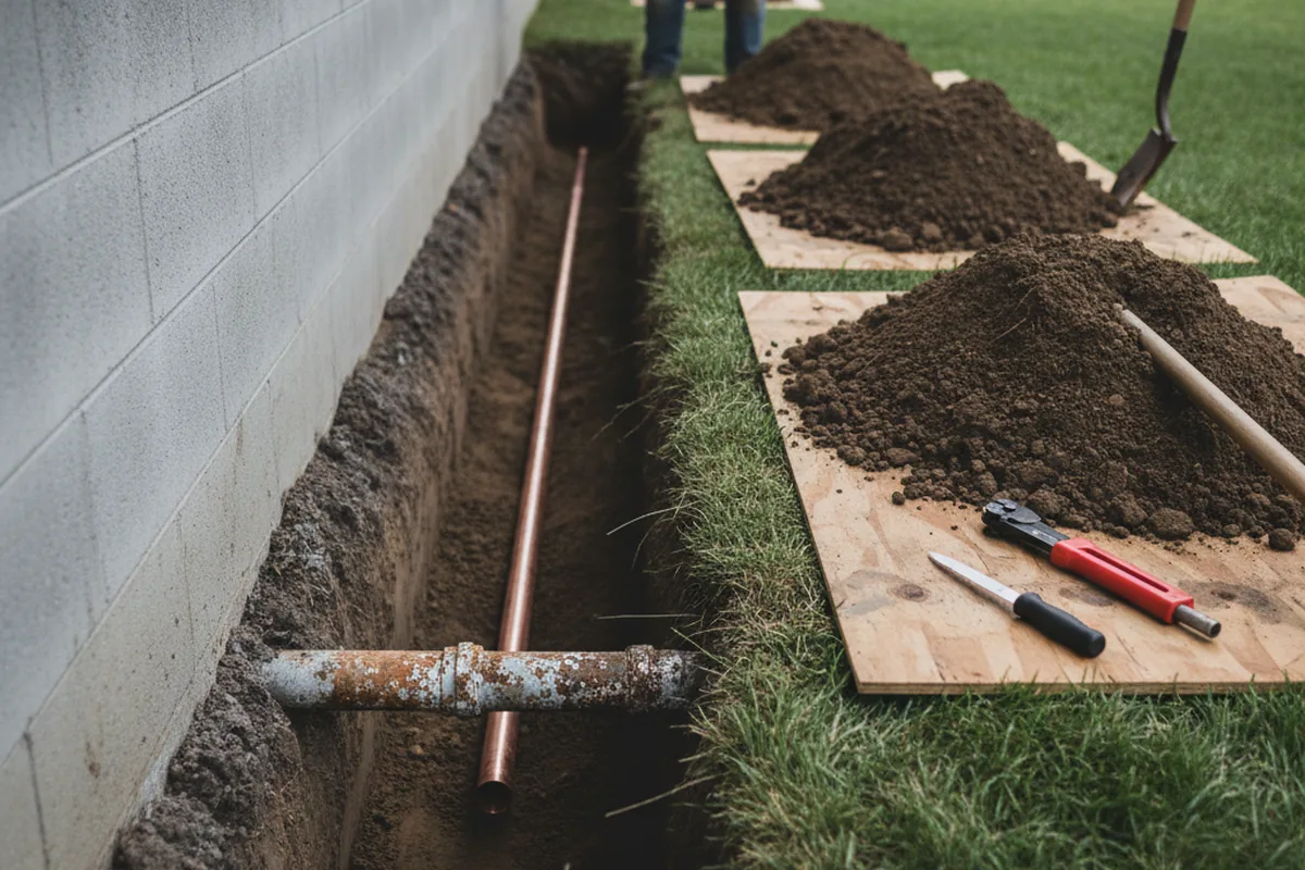 Excavated water line trench during Sewer Line Repair in Sonoma